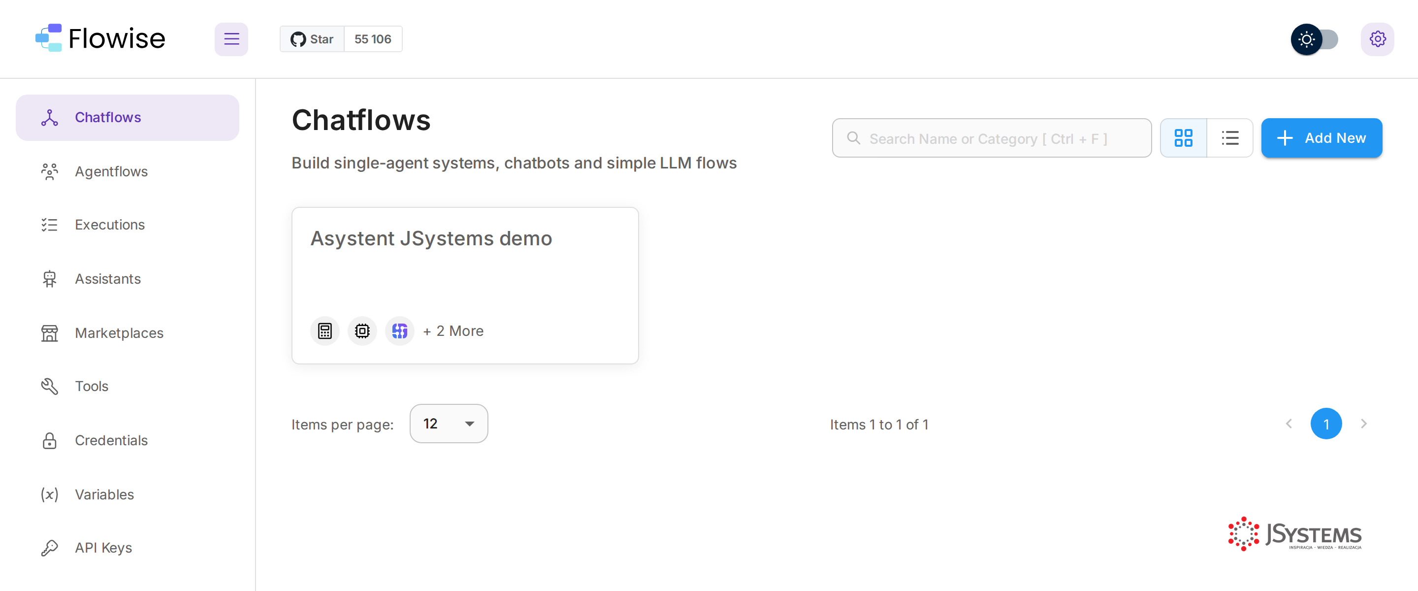 Pulpit Flowise: menu boczne (Chatflows, Agentflows, Marketplaces, Tools, Credentials) i lista zapisanych agentów