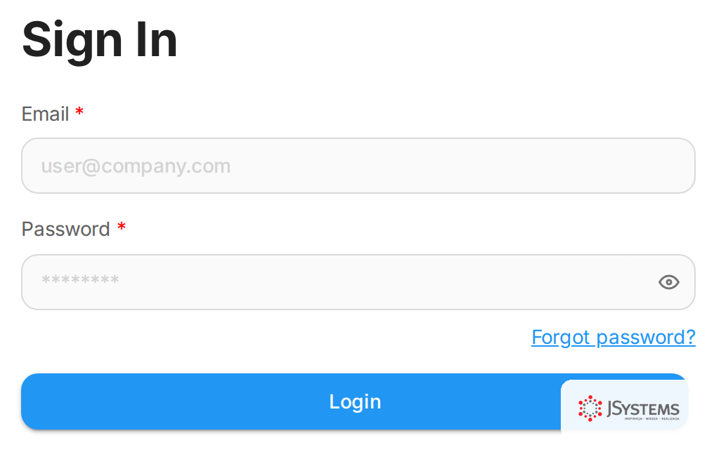 Ekran logowania Flowise z polami Email i Password oraz przyciskiem Login