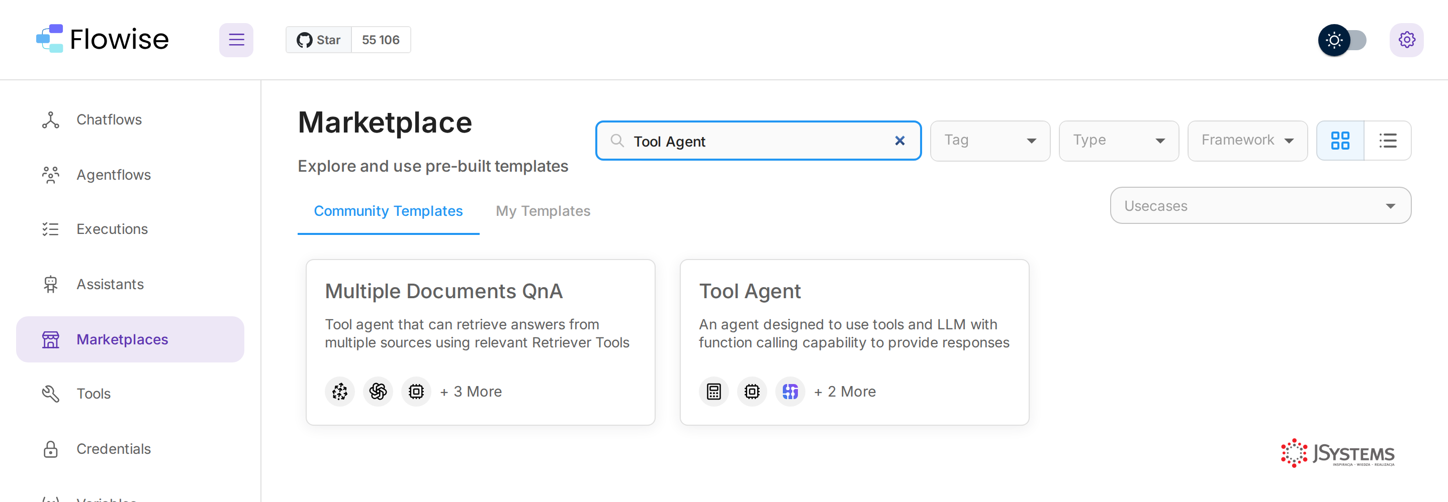 Galeria Marketplace w Flowise z wyszukanym szablonem Tool Agent
