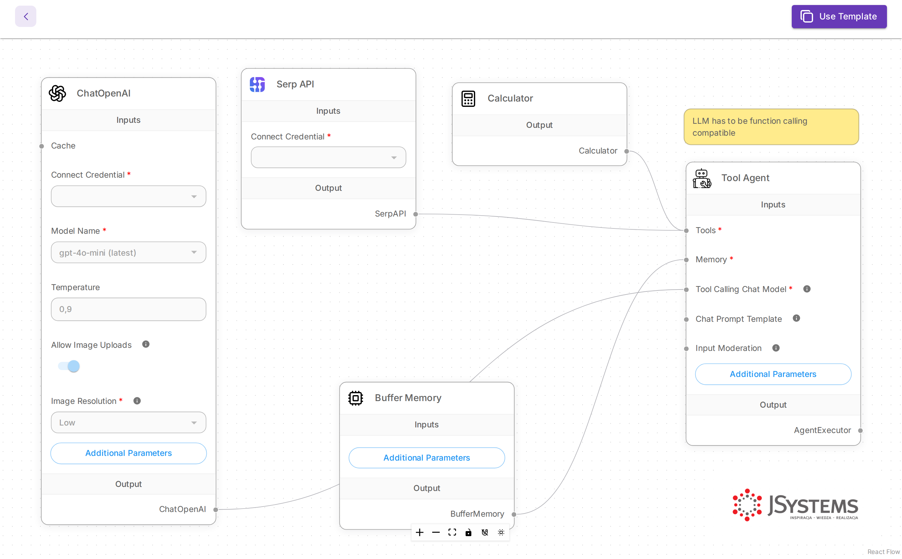 Podgląd szablonu Tool Agent w Flowise z przyciskiem Use Template i połączonymi klockami: ChatOpenAI, Serp API, Calculator, Buffer Memory