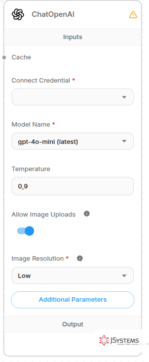 Węzeł ChatOpenAI w Flowise z polem Connect Credential i wybranym modelem gpt-4o-mini