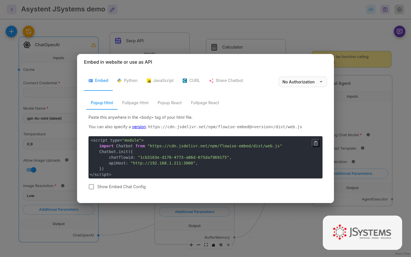 Okno Embed w Flowise z gotowym kodem script do wklejenia czatu agenta na stronie internetowej