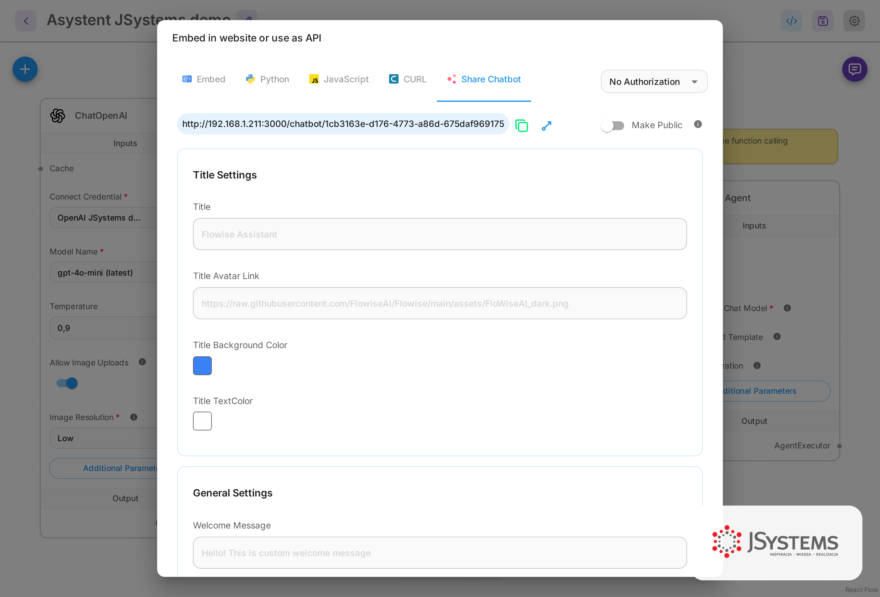 Okno publikacji Flowise z zakładkami form: Embed, Python, JavaScript, cURL i Share Chatbot z publicznym linkiem do agenta