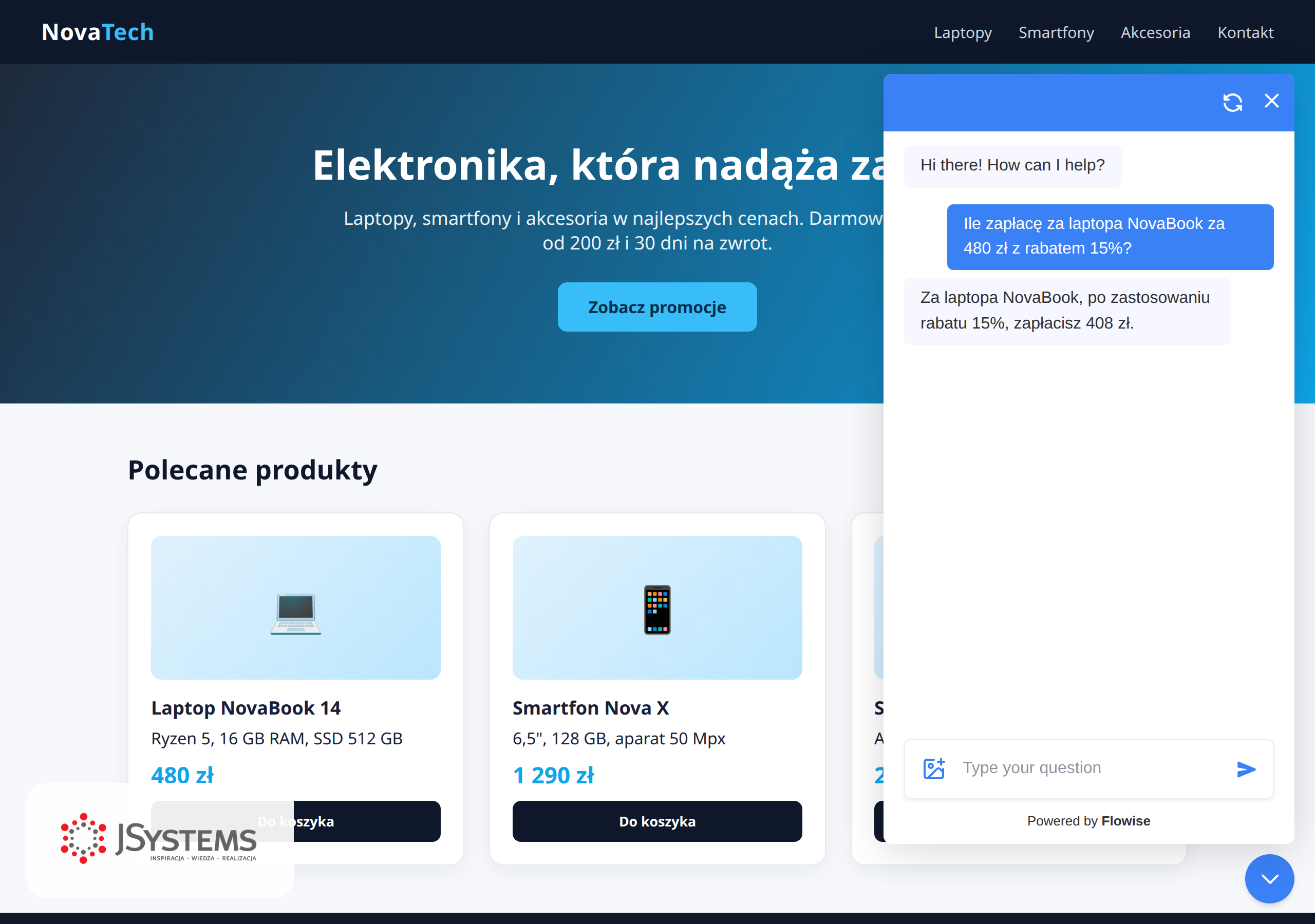 Agent Flowise osadzony jako pływający czat na stronie sklepu internetowego: klient pyta o cenę laptopa po rabacie, agent odpowiada 408 zł