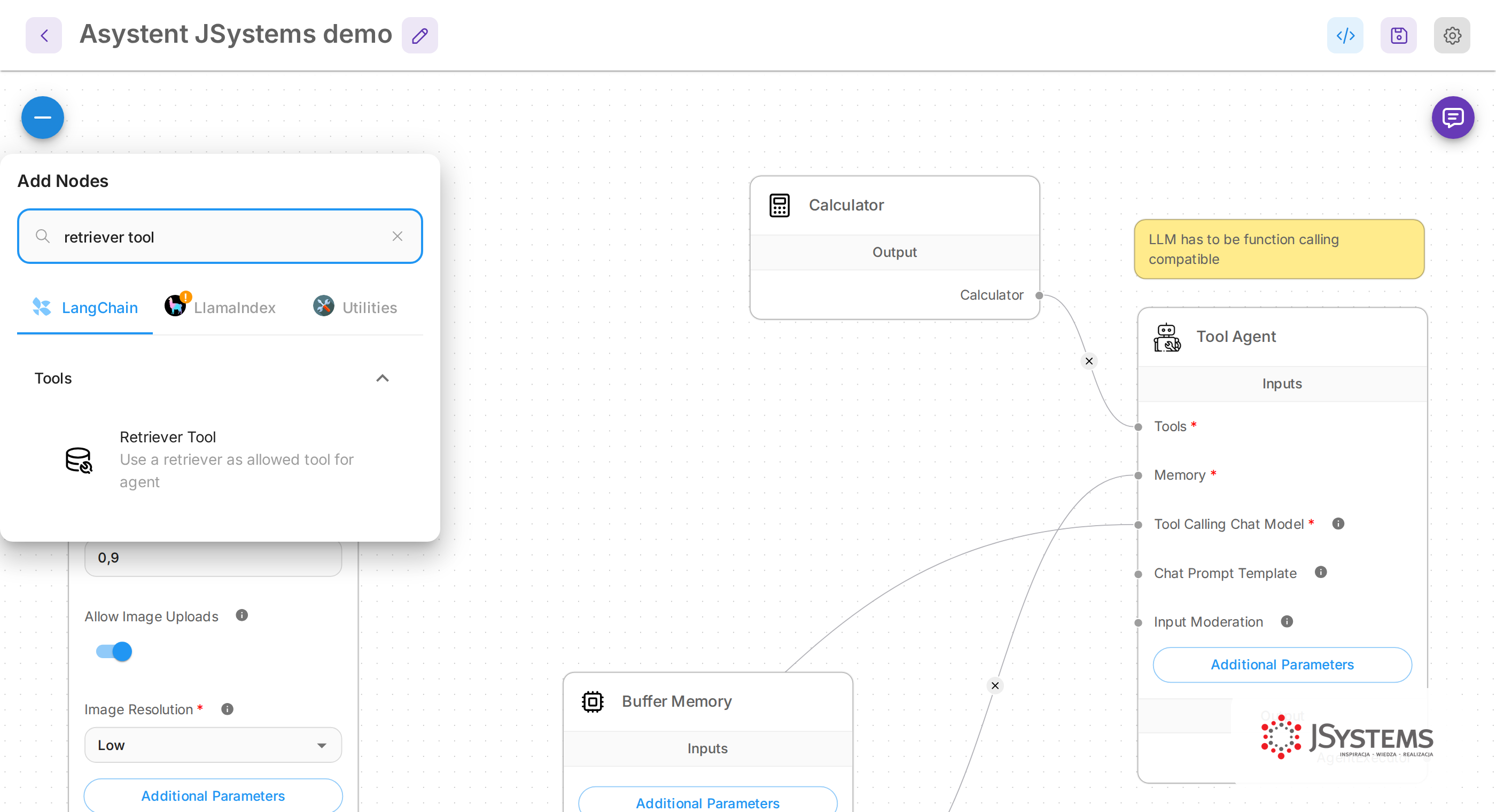 Panel Add Nodes w Flowise z klockiem Retriever Tool - narzędziem bazy wiedzy dla agenta