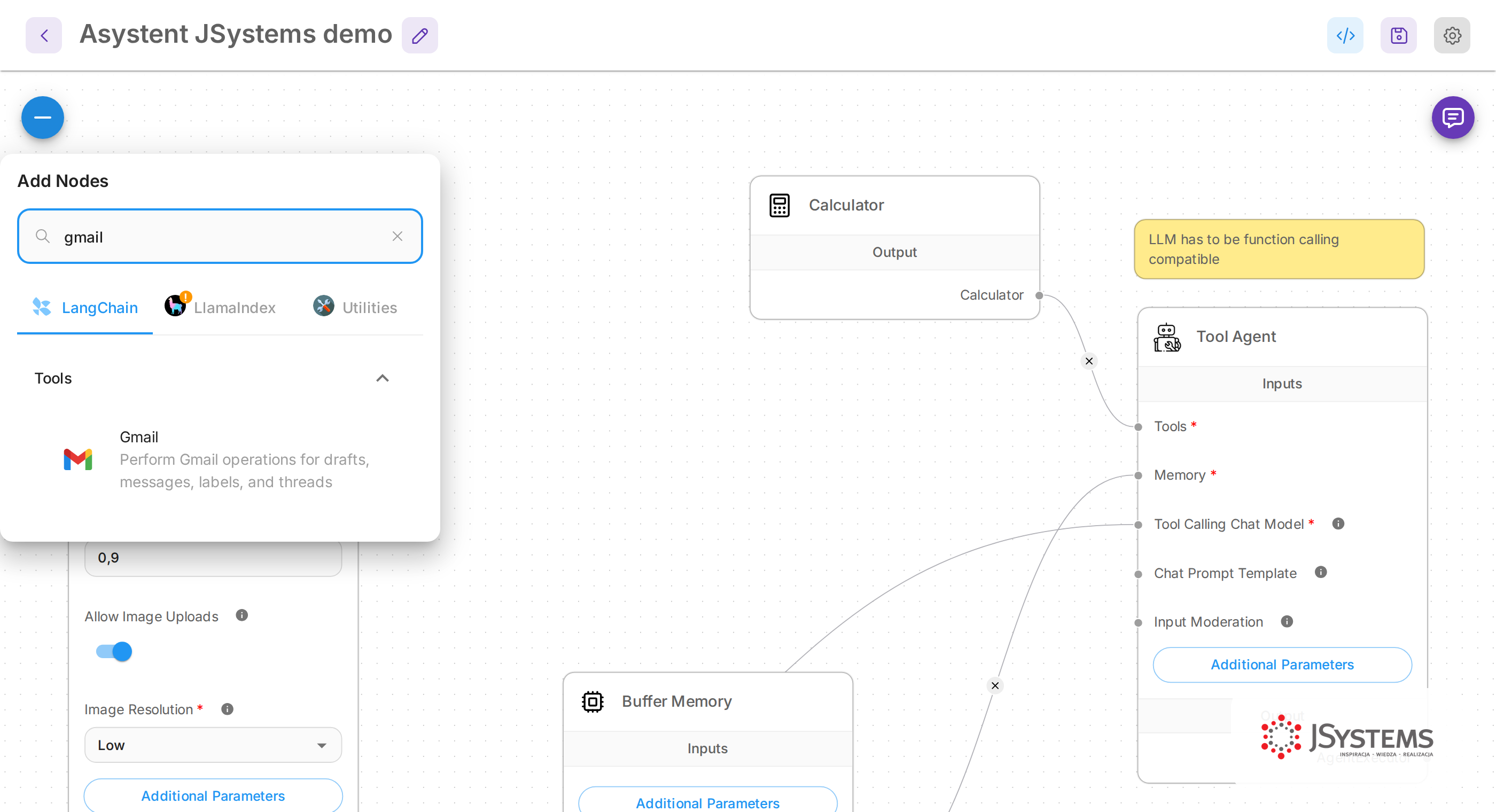 Panel Add Nodes w Flowise z wyszukanym narzędziem Gmail do wysyłki maili