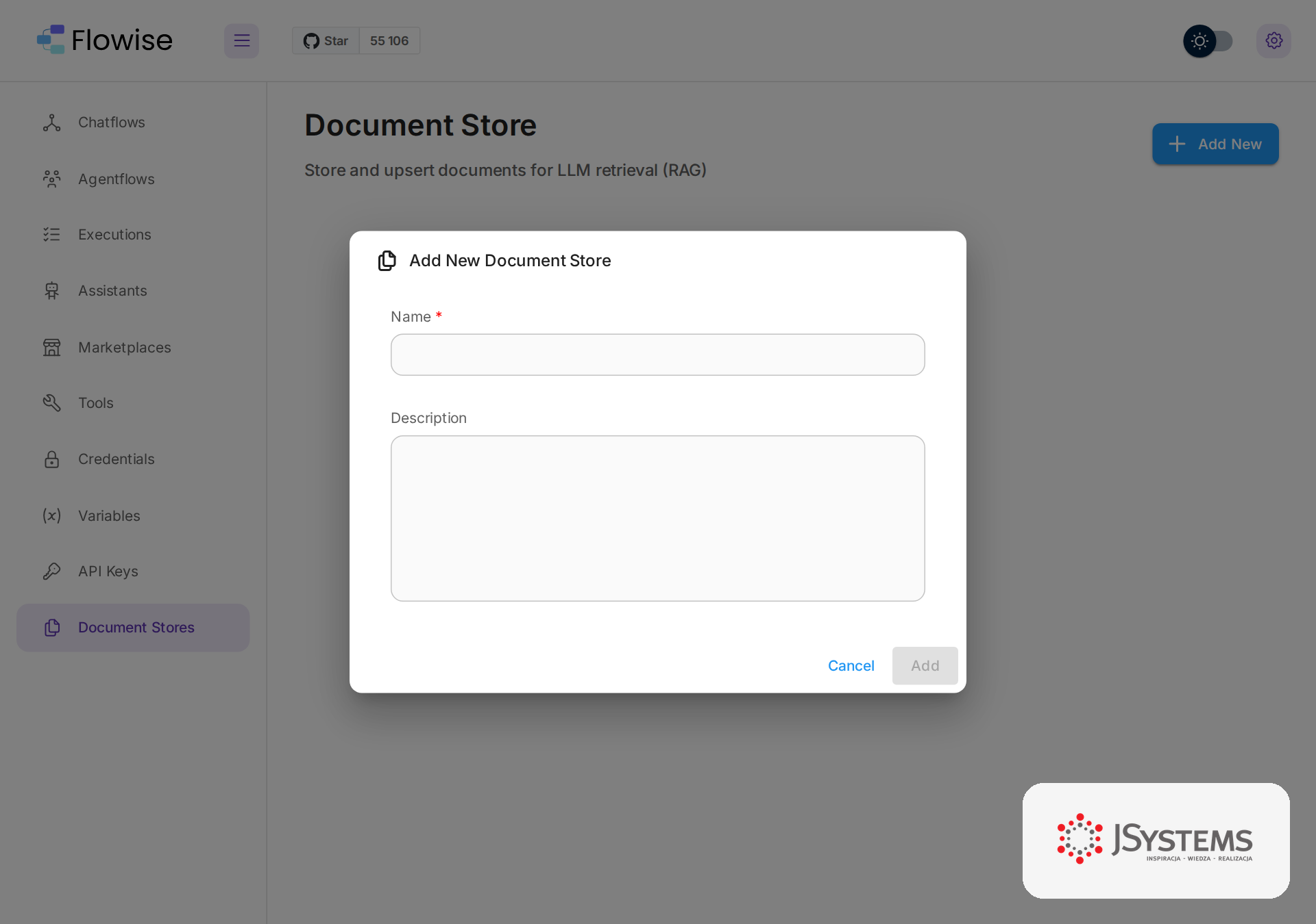 Okno Add New Document Store w Flowise z polami Name i Description