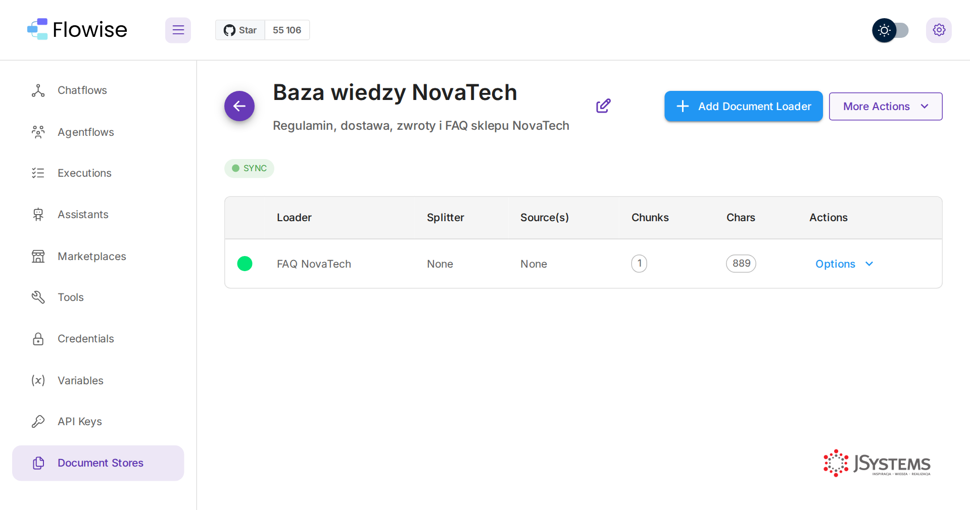 Widok bazy wiedzy w Flowise ze statusem SYNC, dokumentem FAQ NovaTech i liczbą fragmentów