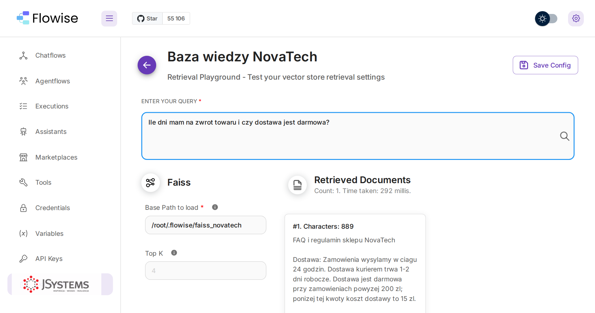 Retrieval Playground w Flowise: pytanie o zwrot i dostawę zwraca właściwy fragment FAQ sklepu