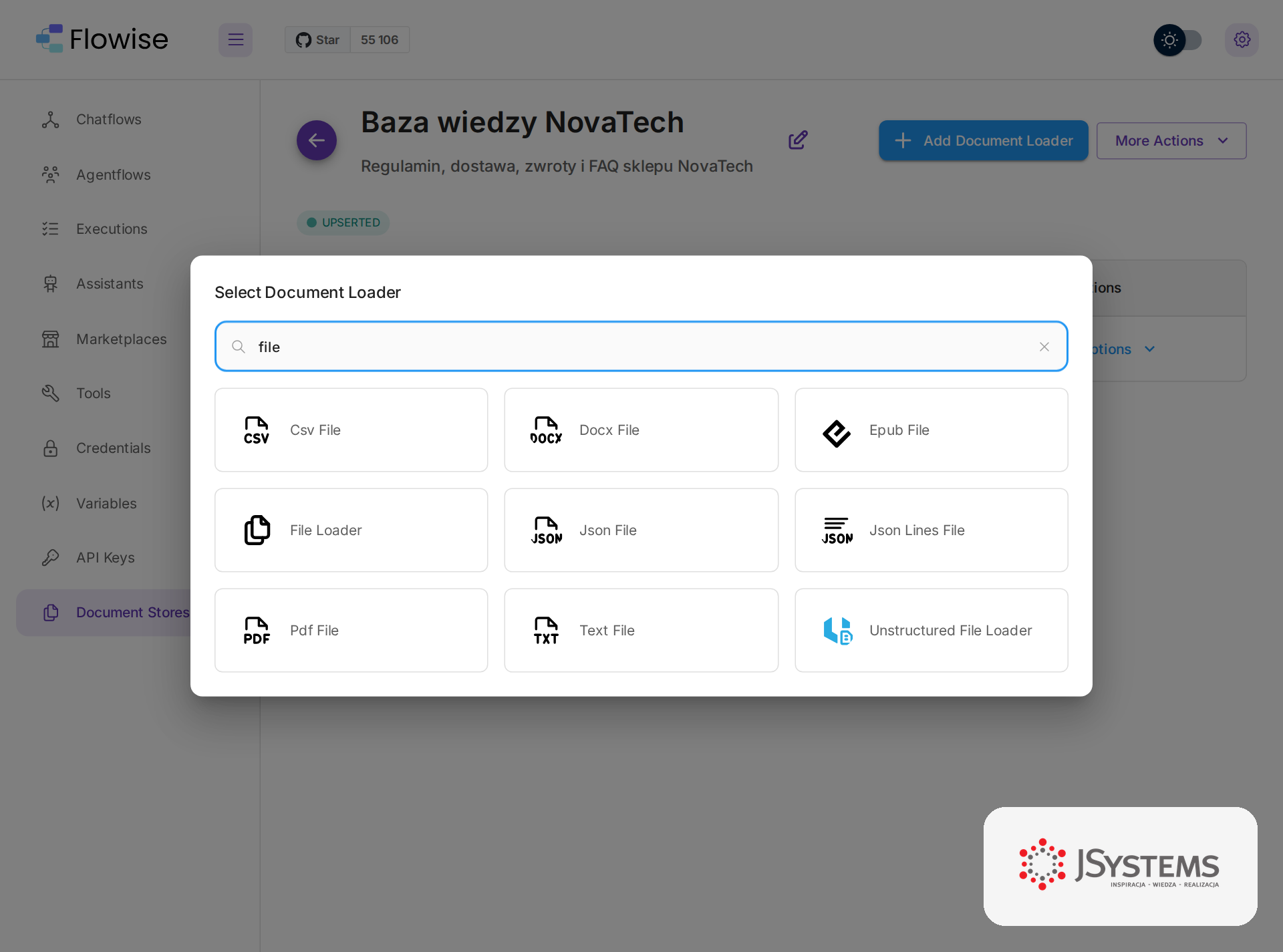 Okno wyboru loadera dokumentów w Flowise przefiltrowane do loaderów plików: Csv, Docx, Pdf File, File Loader