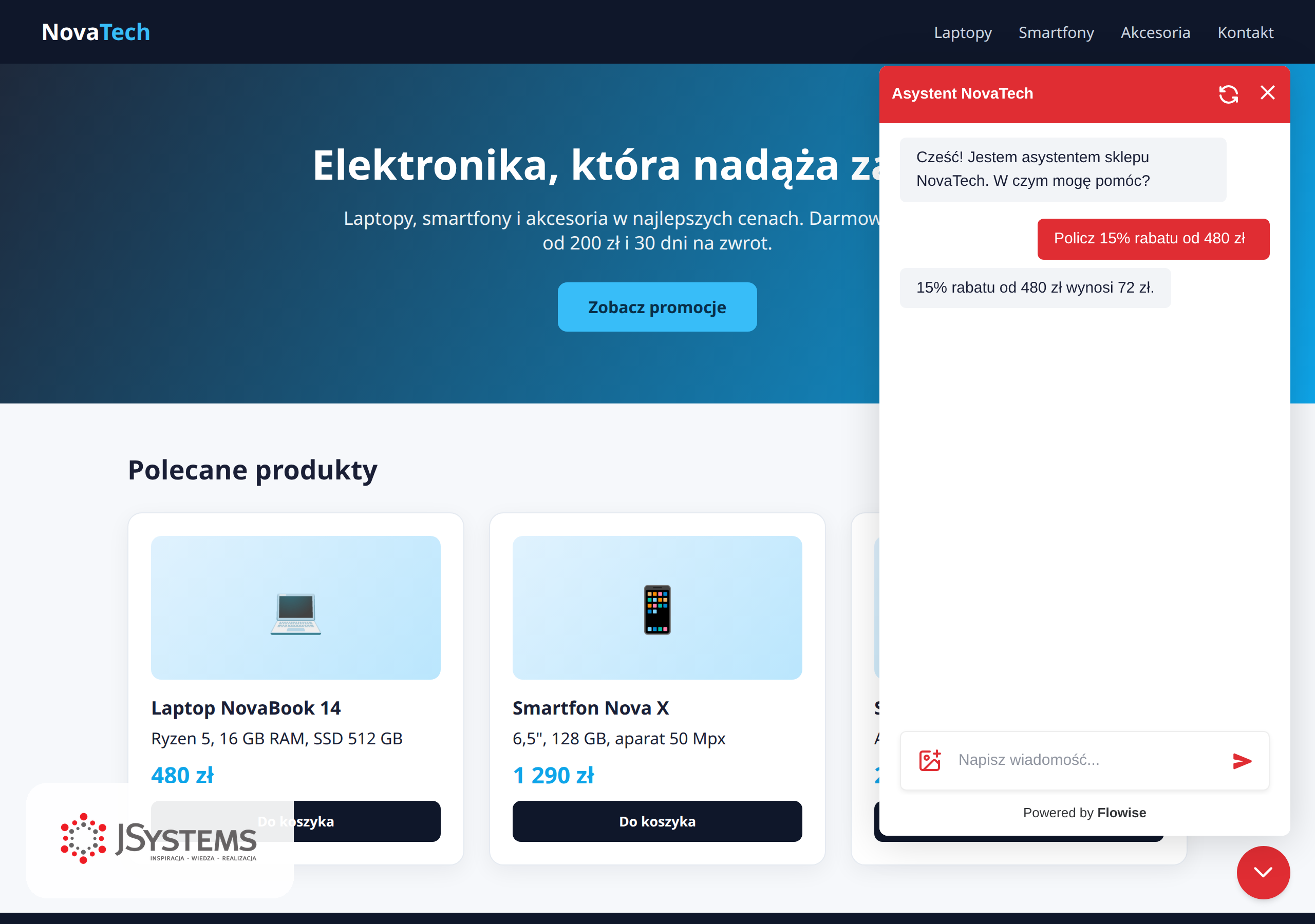 Spersonalizowany czat Flowise na stronie sklepu: czerwony nagłówek Asystent NovaTech, czerwony dymek użytkownika, własne powitanie