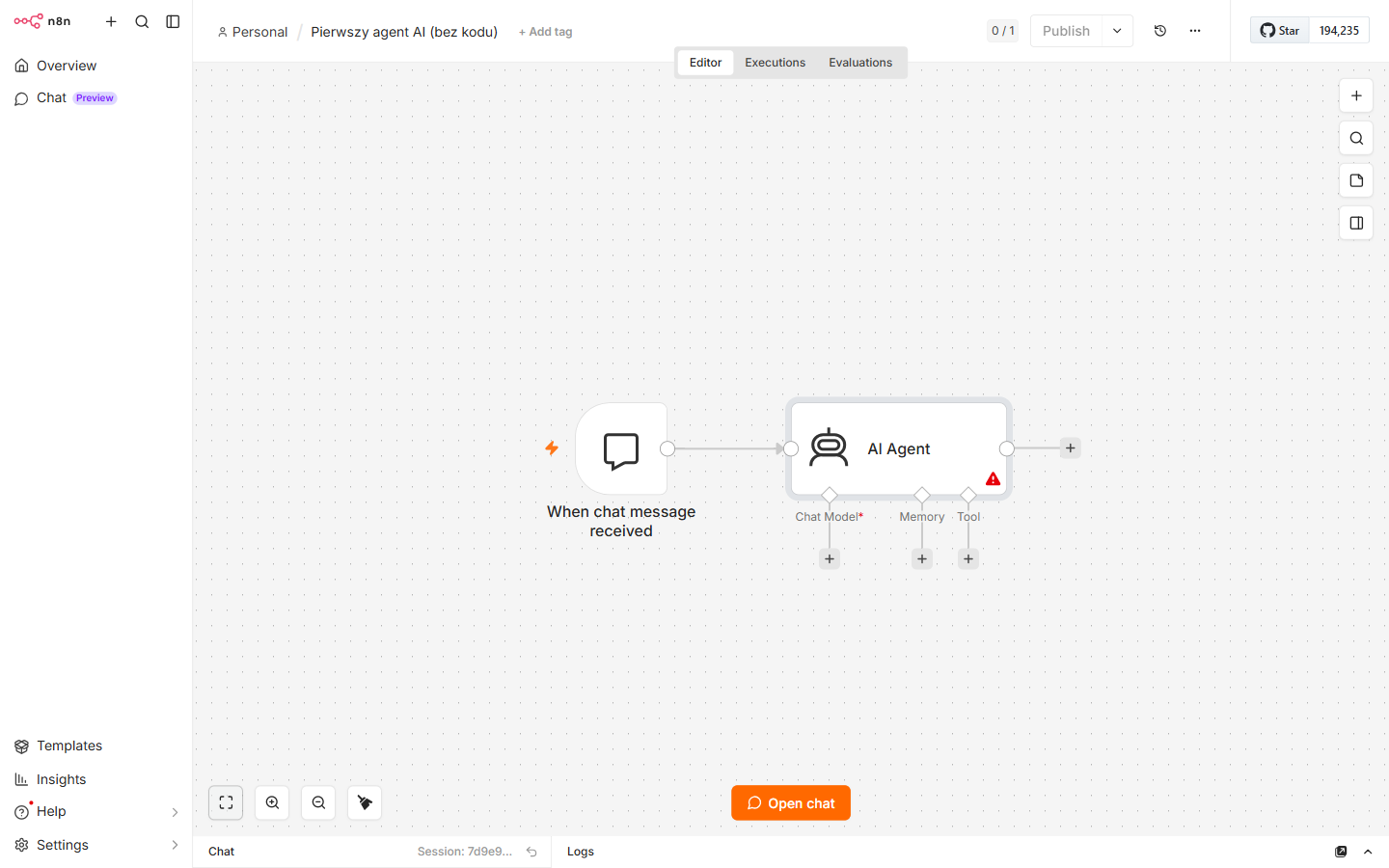 Węzeł AI Agent w n8n z gniazdami Chat Model, Memory i Tool
