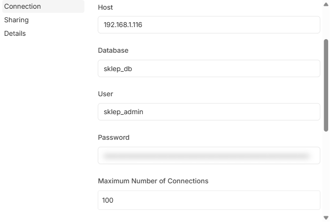 Formularz danych dostępowych do bazy PostgreSQL w n8n - host, baza, użytkownik, hasło (zablurowane)
