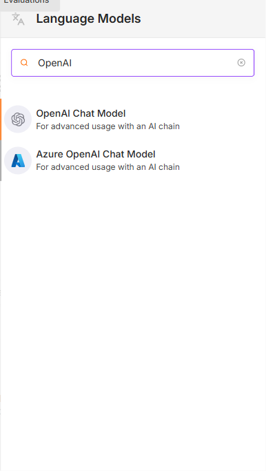 Wybór węzła OpenAI Chat Model z listy modeli językowych w n8n