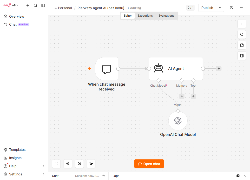 Przepływ w n8n po podłączeniu modelu - wyzwalacz, AI Agent i OpenAI Chat Model, gniazdo Tool jeszcze puste