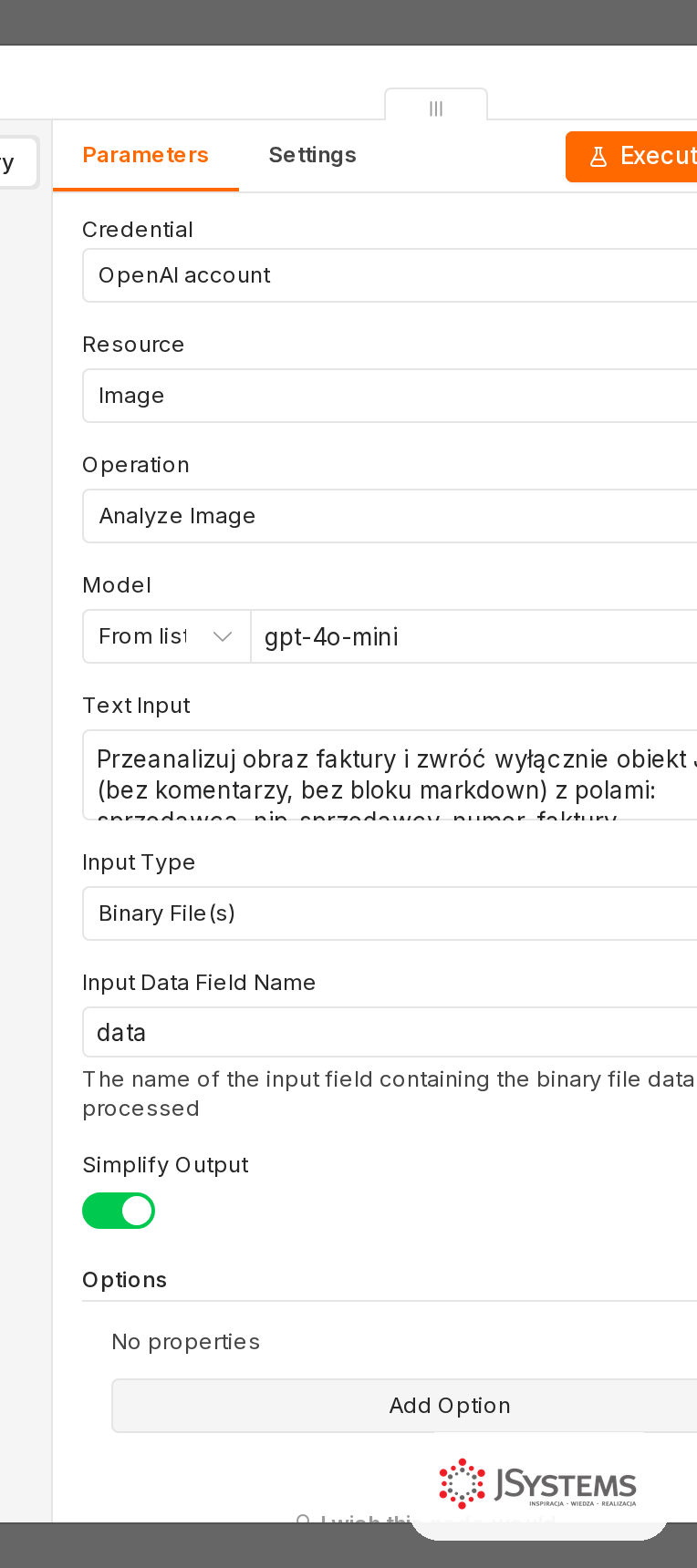 Konfiguracja węzła AI w n8n: zasób Image, operacja Analyze Image, model, instrukcja i wejście Binary File (wgrany plik)