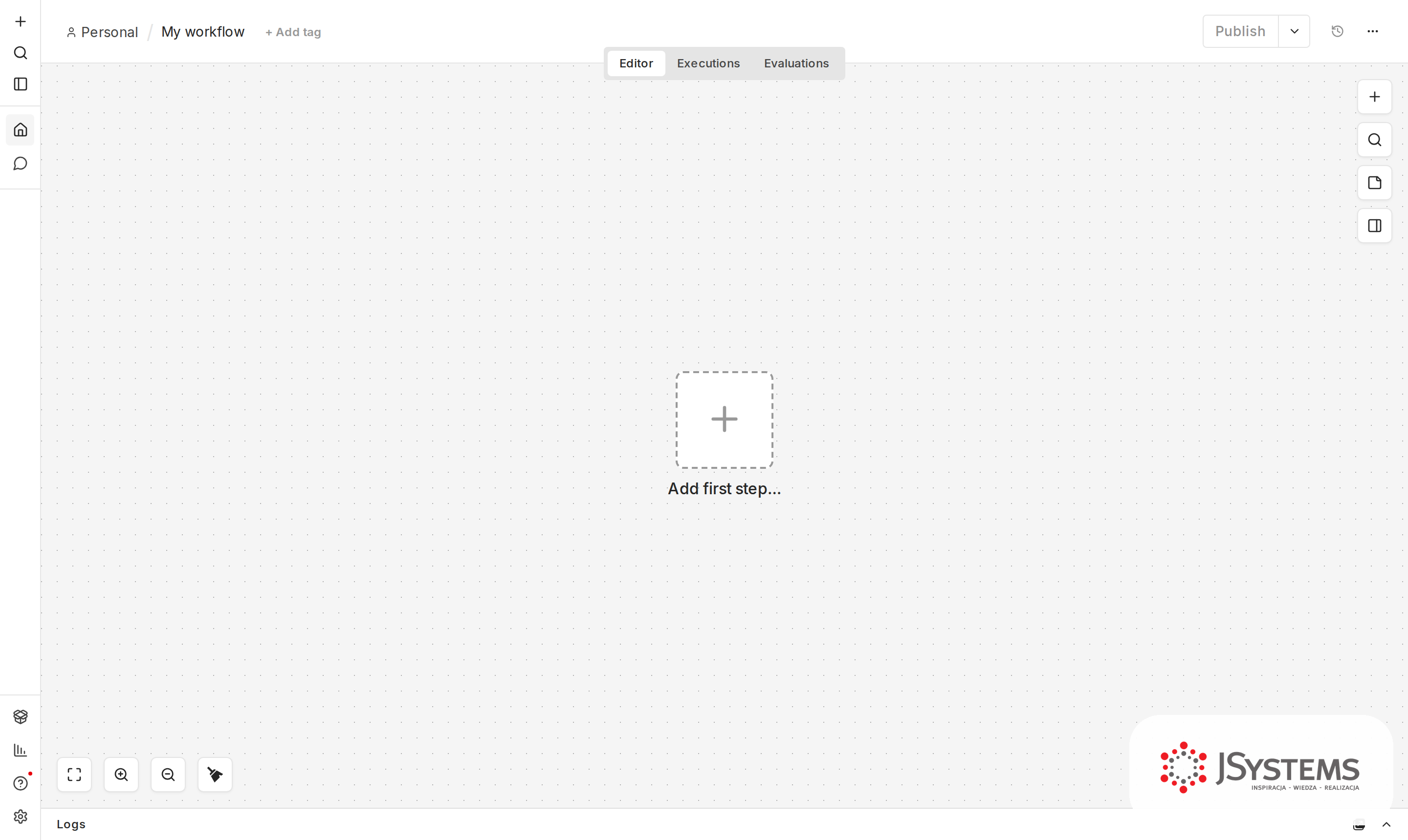 Puste płótno nowego workflow w n8n z kafelkiem Add first step na środku