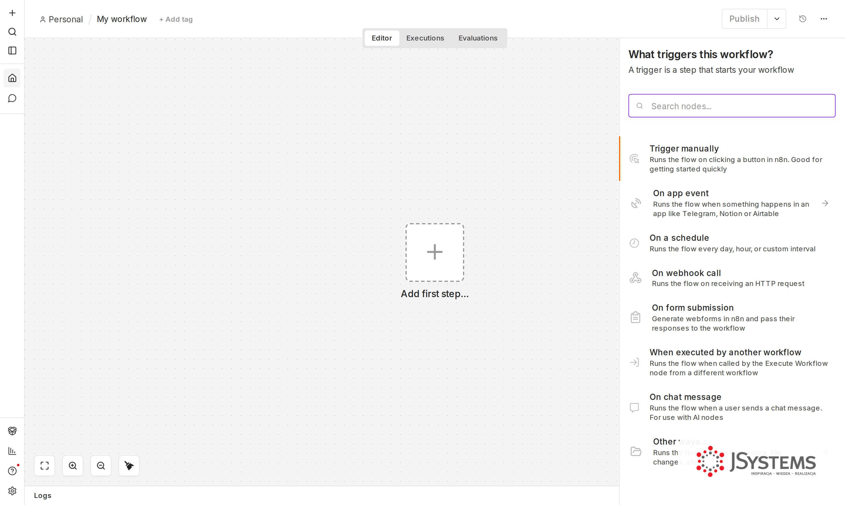 Panel wyboru wyzwalacza w n8n: On form submission, On app event, On a schedule i inne