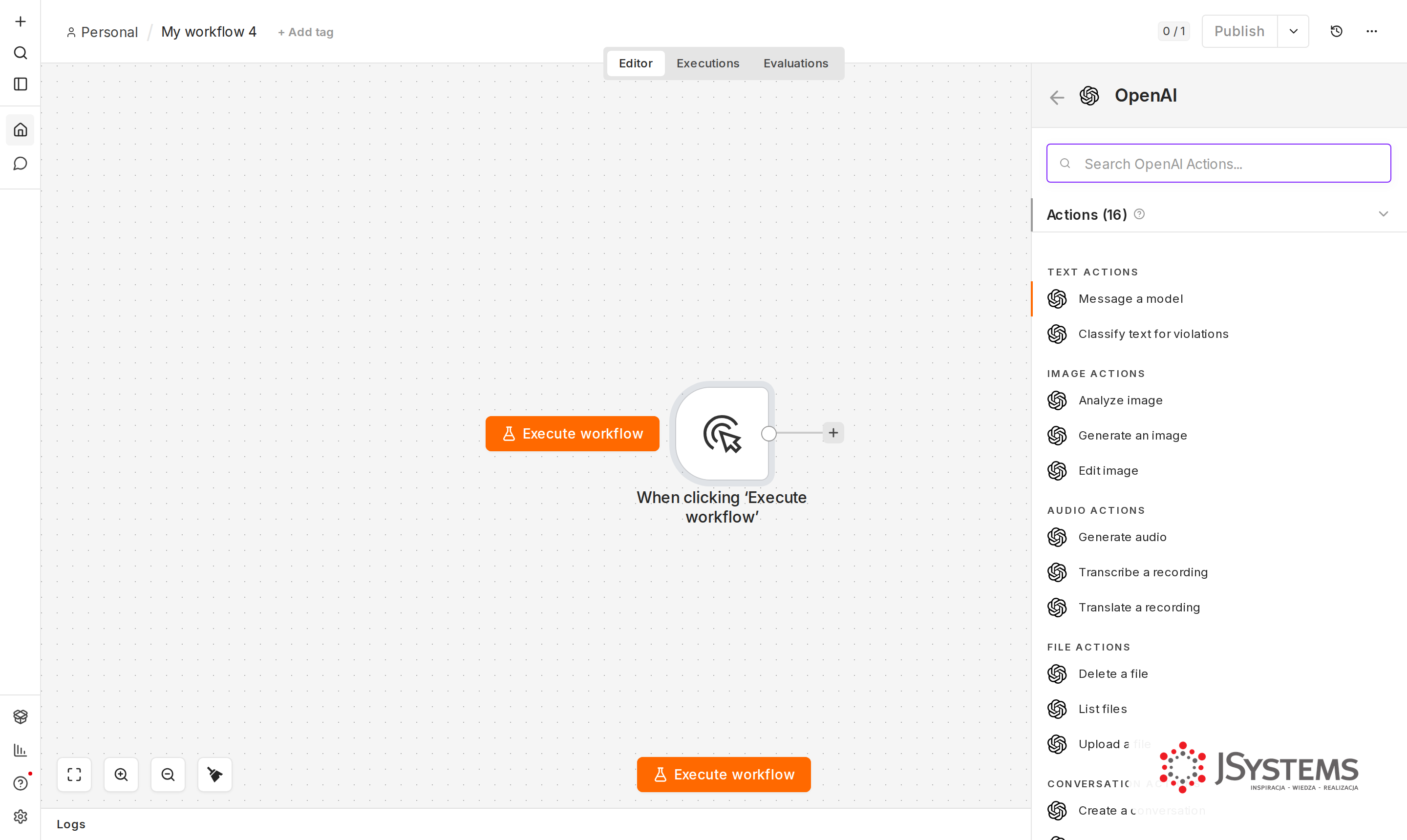 Lista akcji węzła OpenAI w n8n: Message a model, Analyze image, Generate an image i inne