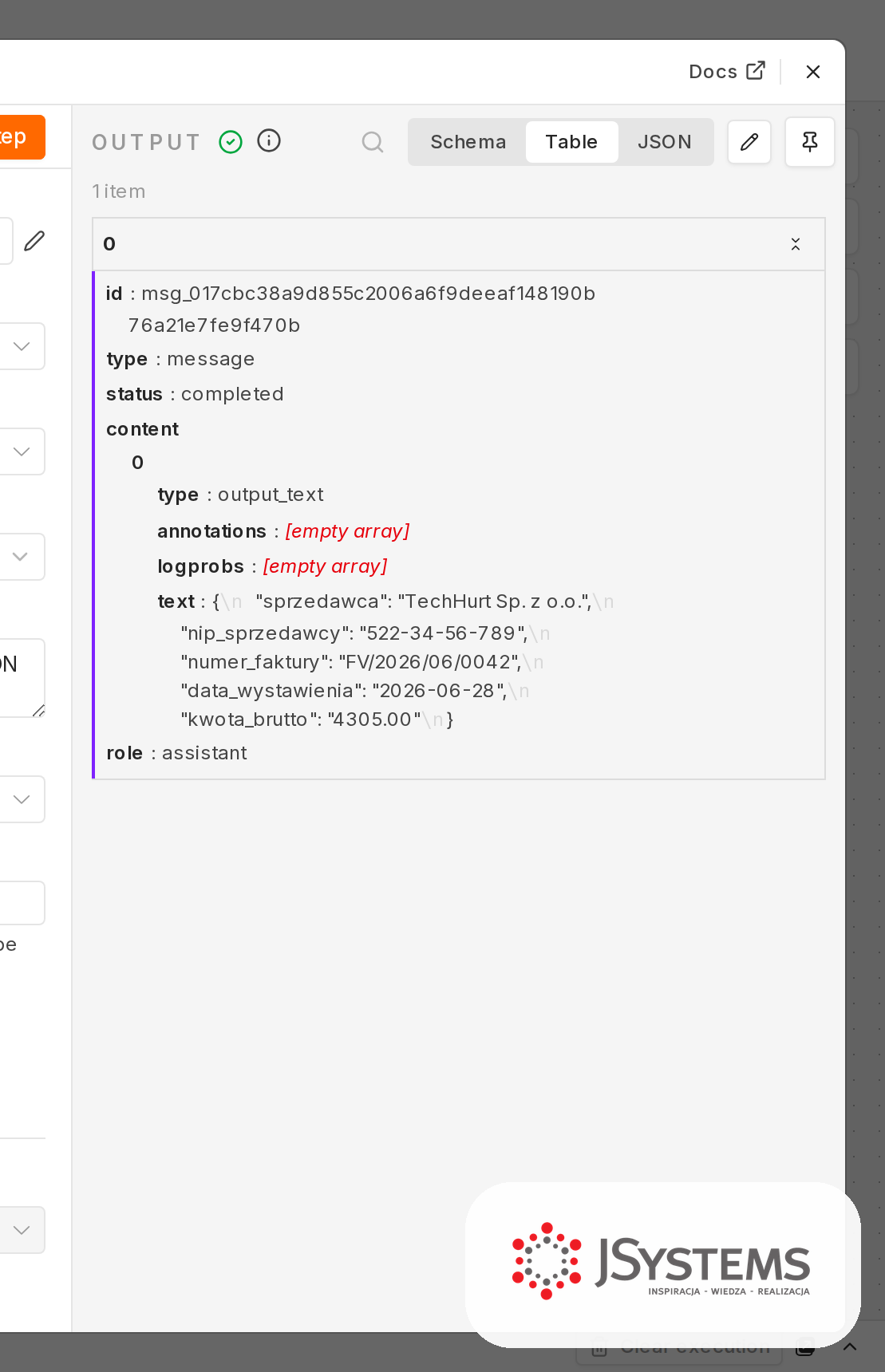 Panel Output węzła Analizuj fakturę w n8n: odczytany JSON z fakturą - sprzedawca TechHurt, NIP, numer faktury, data i kwota brutto