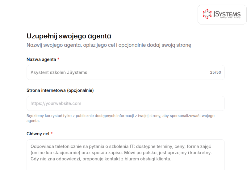 Formularz kreatora ElevenLabs: pole Nazwa agenta z wpisem Asystent szkoleń JSystems oraz pole Główny cel z opisem zadań agenta po polsku