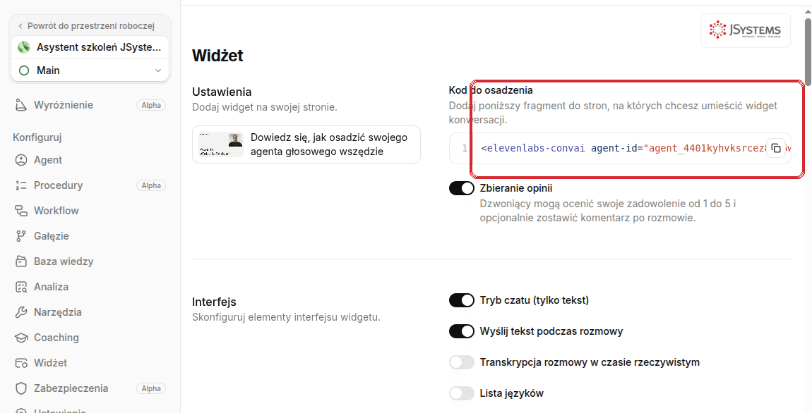 Sekcja Kanały - Widżet w ElevenLabs: Kod do osadzenia agenta na stronie (tag elevenlabs-convai) oraz przełączniki interfejsu widżetu