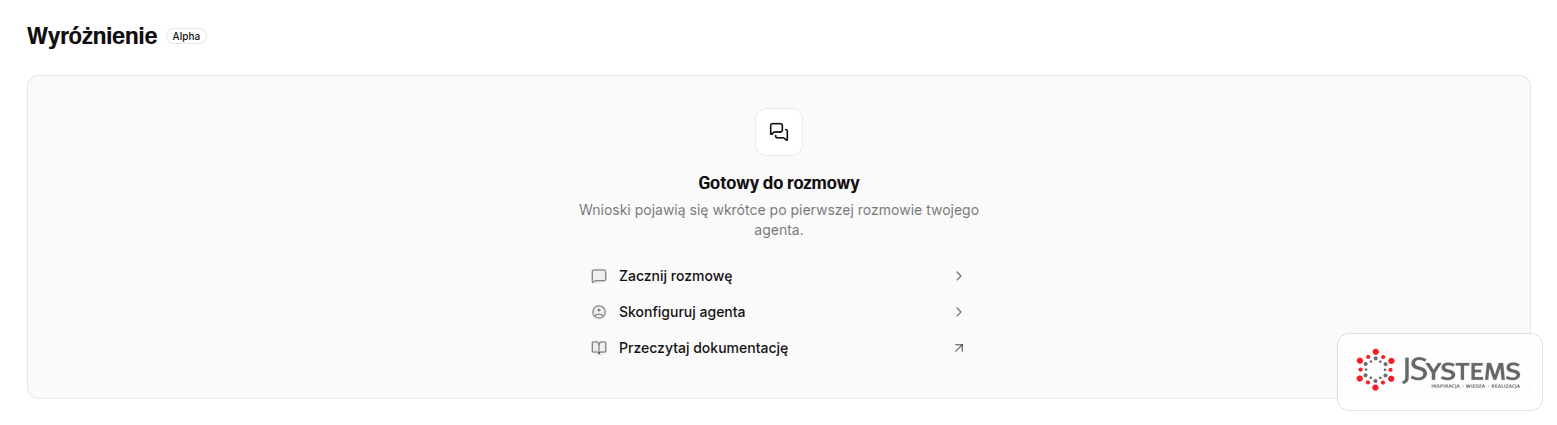 Pulpit agenta w ElevenLabs po utworzeniu: Gotowy do rozmowy z opcjami Zacznij rozmowę, Skonfiguruj agenta i Przeczytaj dokumentację