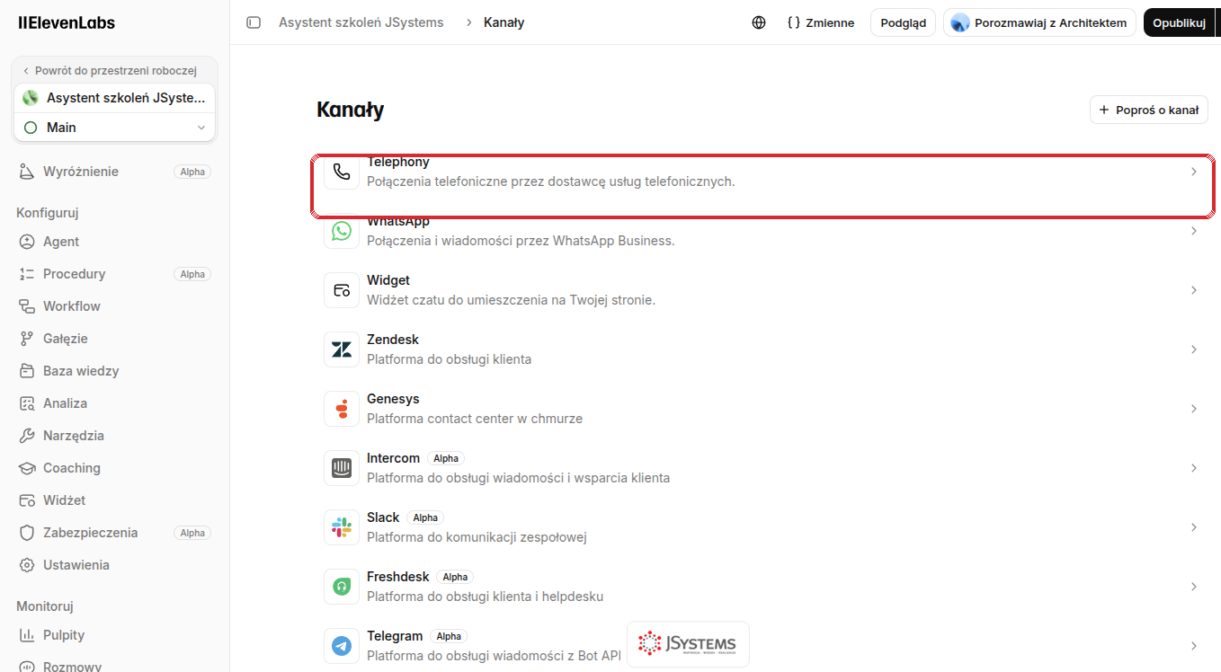 Sekcja Kanały w ElevenLabs: lista kanałów wdrożenia - Telephony (Twilio/Exotel/SIP), WhatsApp, Zendesk, Genesys, Intercom, Slack, Freshdesk, Telegram