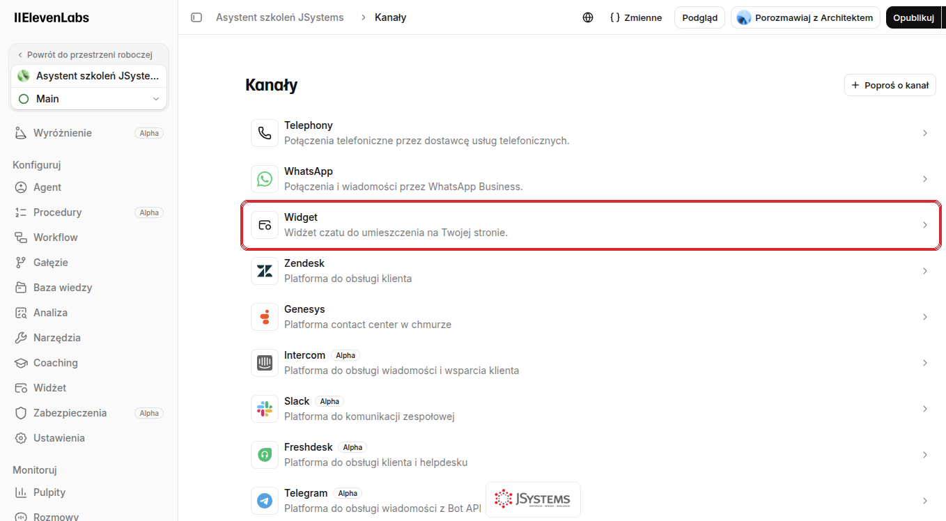 Lista kanałów w ElevenLabs: Telephony, WhatsApp, Widget (zaznaczony), Zendesk, Genesys, Intercom, Slack, Freshdesk, Telegram