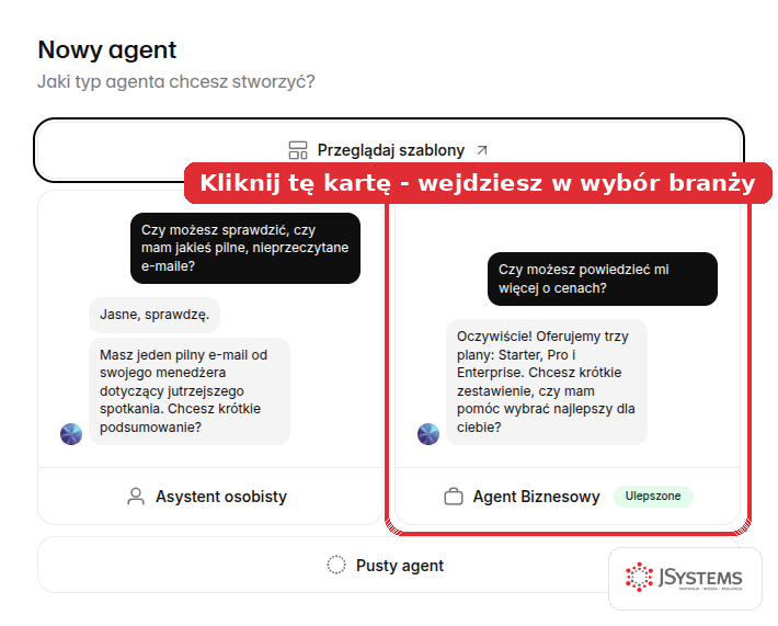 Ekran Nowy agent w ElevenLabs: wybór typu agenta - Asystent osobisty, Agent Biznesowy (Ulepszone, zaznaczony na czerwono) i Pusty agent, u góry przycisk Przeglądaj szablony, z podpowiedzią że klik w kartę przenosi do wyboru branży