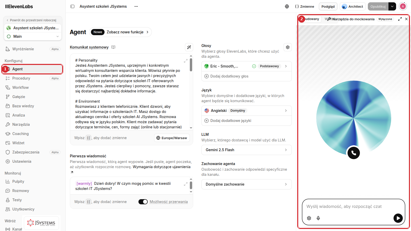 Edytor agenta ElevenLabs przy jednym utworzonym agencie: w menu po lewej zaznaczona pozycja Agent, po prawej okno testu z kolorową kulą i polem wiadomości