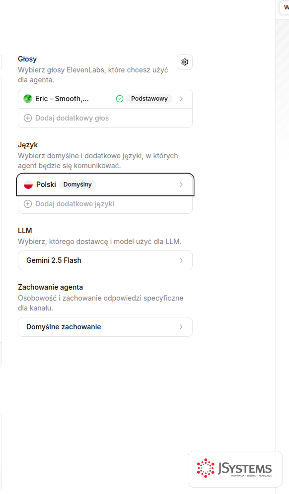 Prawy panel ustawień agenta w ElevenLabs: sekcja Głosy z wybranym głosem, Język ustawiony na Polski (Domyślny), sekcja LLM z selektorem modelu językowego oraz Zachowanie agenta