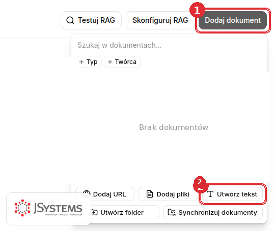 Menu po kliknięciu Dodaj dokument w bazie wiedzy agenta: lista dokumentów oraz przyciski Dodaj URL, Dodaj pliki i Utwórz tekst, z zaznaczonym Utwórz tekst