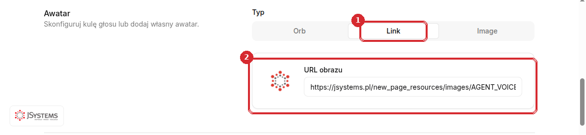 Sekcja Awatar w konfiguracji widżetu ElevenLabs: Typ ustawiony na Link oraz pole URL obrazu z logo JSystems zamiast kuli