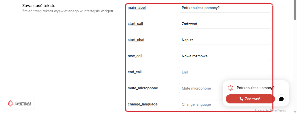Sekcja Zawartość tekstu w konfiguracji widżetu ElevenLabs z polskimi etykietami: main_label Potrzebujesz pomocy, start_call Zadzwoń, start_chat Napisz, new_call Nowa rozmowa