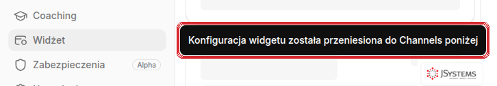 Menu ElevenLabs z pozycją Widżet i komunikatem, że konfiguracja widgetu została przeniesiona do sekcji Channels (Kanały)