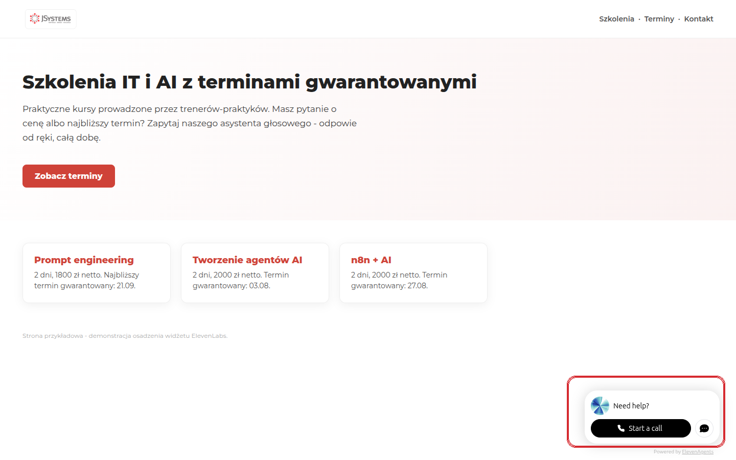 Przykładowa strona firmowa z osadzonym widżetem ElevenLabs w prawym dolnym rogu: przycisk rozpoczęcia rozmowy głosowej z agentem