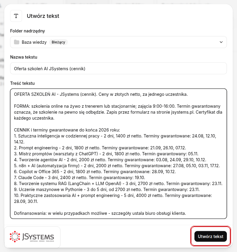 Okno Utwórz tekst w bazie wiedzy ElevenLabs: nazwa dokumentu i wklejony cennik dziesięciu szkoleń AI JSystems z cenami