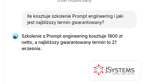 Okno testu rozmowy: agent odpowiada, że szkolenie Prompt engineering kosztuje 1800 zł netto, a najbliższy gwarantowany termin to 21 września
