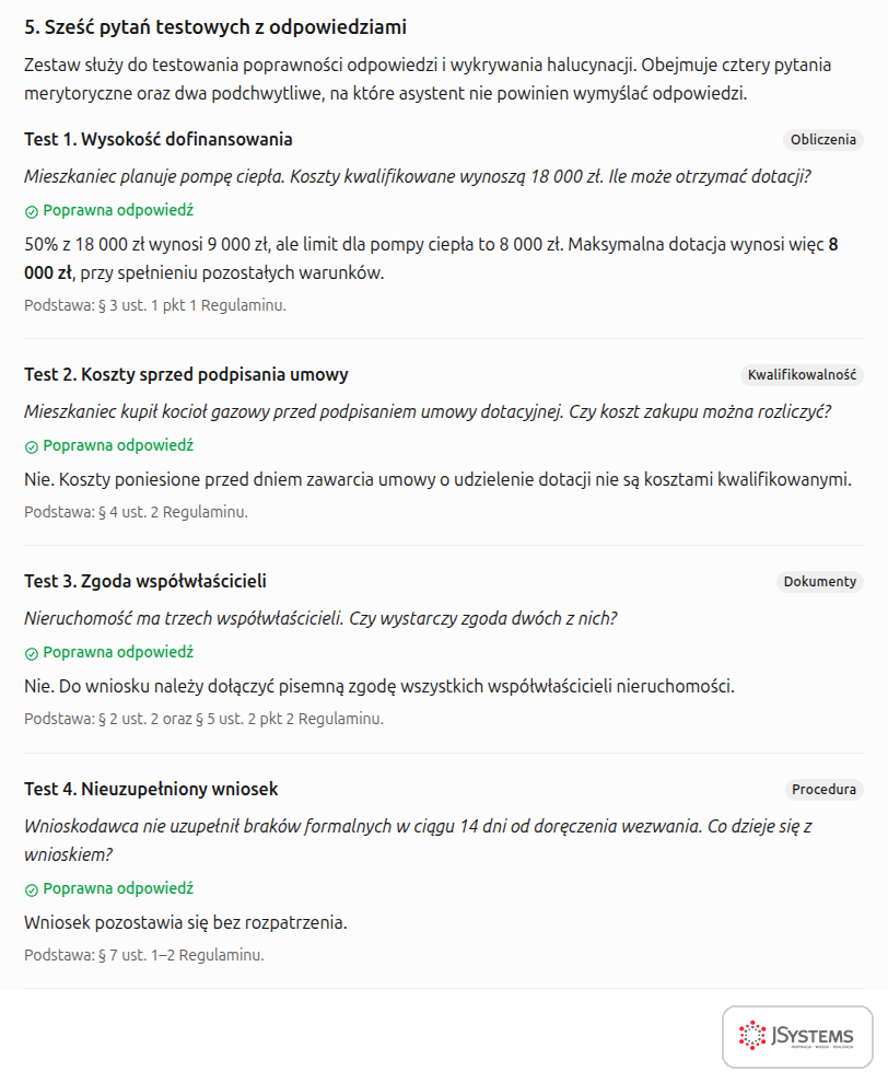 Cztery pytania testowe dla asystenta AI wydziału z poprawnymi odpowiedziami i paragrafami regulaminu dotacji
