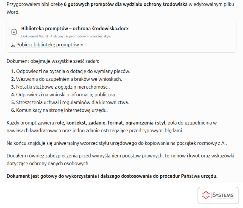 ChatGPT przygotował plik Word z biblioteką sześciu promptów dla wydziału ochrony środowiska i wzorcem stylu urzędowego