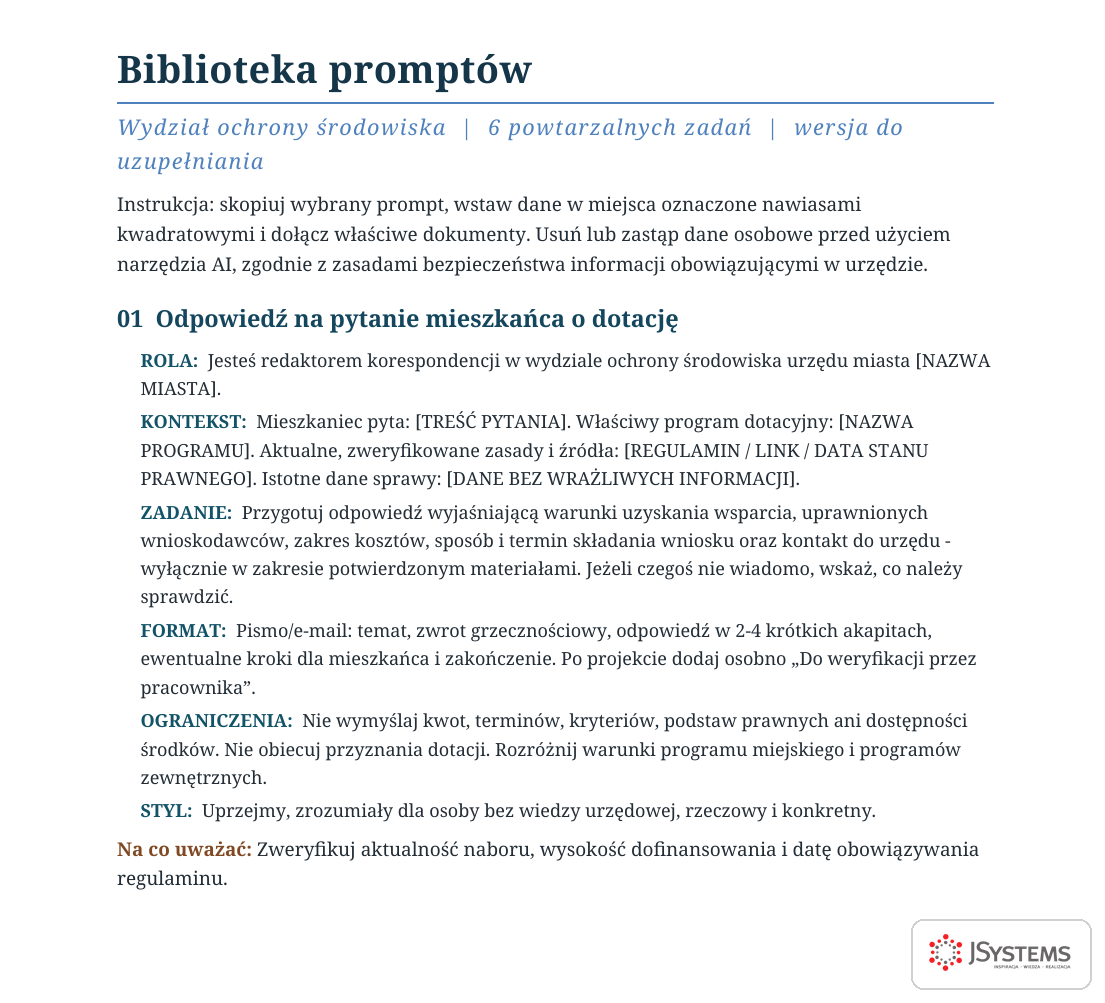 Pierwsza strona biblioteki promptów dla urzędu w pliku Word: prompt do odpowiedzi mieszkańcom z sześciu elementów