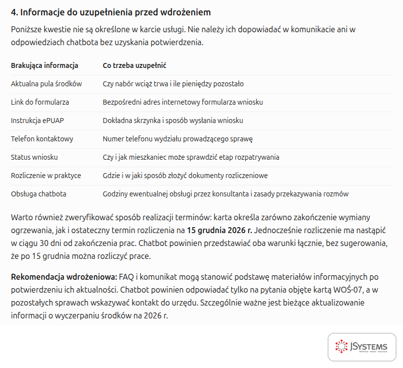 Informacje, których brakuje w karcie usługi przed wdrożeniem chatbota, wskazane przez ChatGPT, i uwaga o terminach