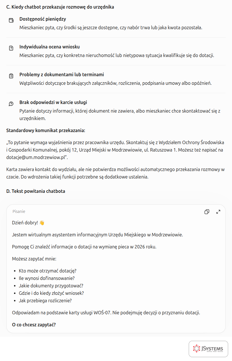 Kiedy chatbot urzędu przekazuje rozmowę urzędnikowi, formuła przekazania i tekst powitania przygotowane przez ChatGPT