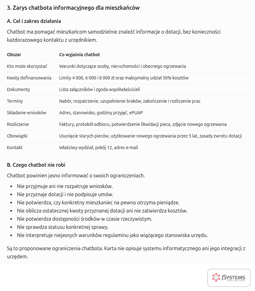 Zarys chatbota informacyjnego urzędu przygotowany przez ChatGPT: tematy rozmów i lista rzeczy, których chatbot nie robi