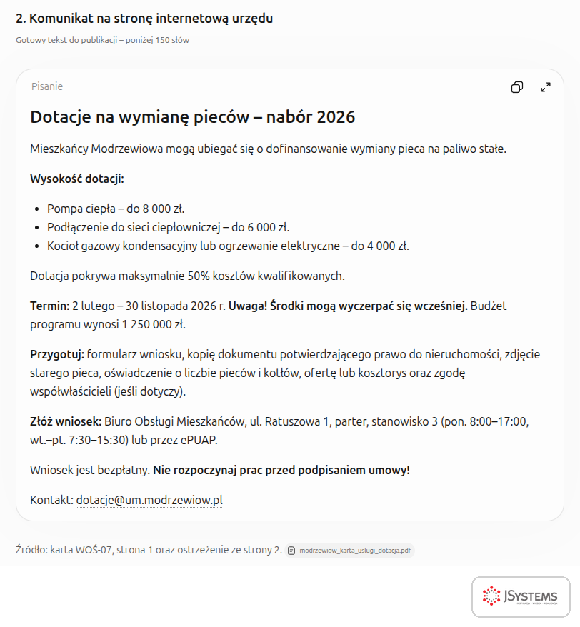 Komunikat na stronę urzędu o naborze wniosków o dotację przygotowany przez ChatGPT: kwoty, termin, dokumenty i miejsce