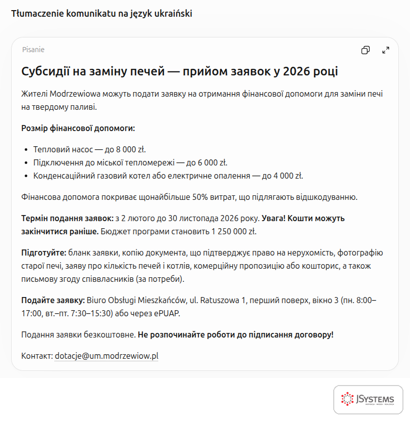 Komunikat urzędu o dotacji na wymianę pieca przetłumaczony przez ChatGPT na ukraiński, z zachowanymi kwotami i datami