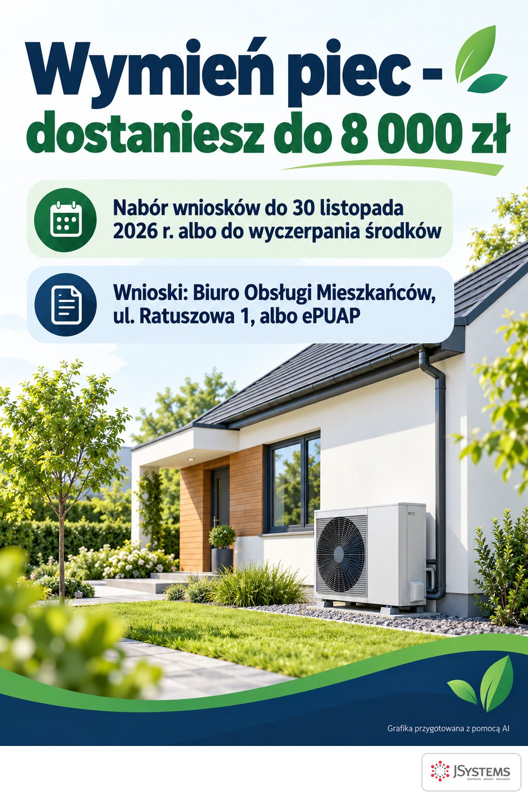 Plakat o dotacji na wymianę pieca wygenerowany w ChatGPT dla fikcyjnego urzędu, z dopiskiem o przygotowaniu z pomocą AI