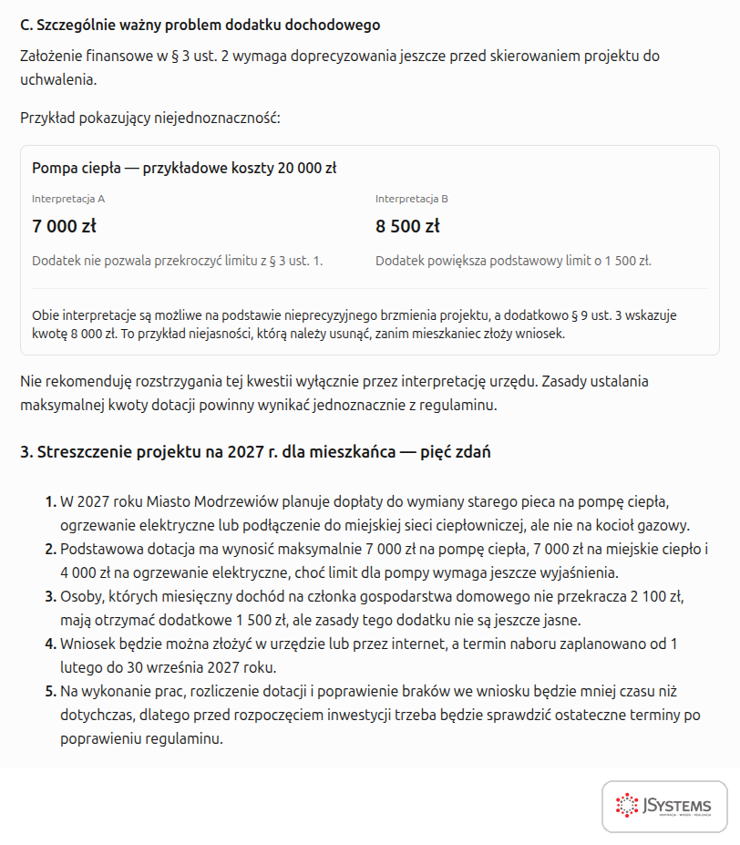 Niejasny zapis o dodatku dochodowym w projekcie regulaminu i streszczenie projektu w pięciu zdaniach dla mieszkańca
