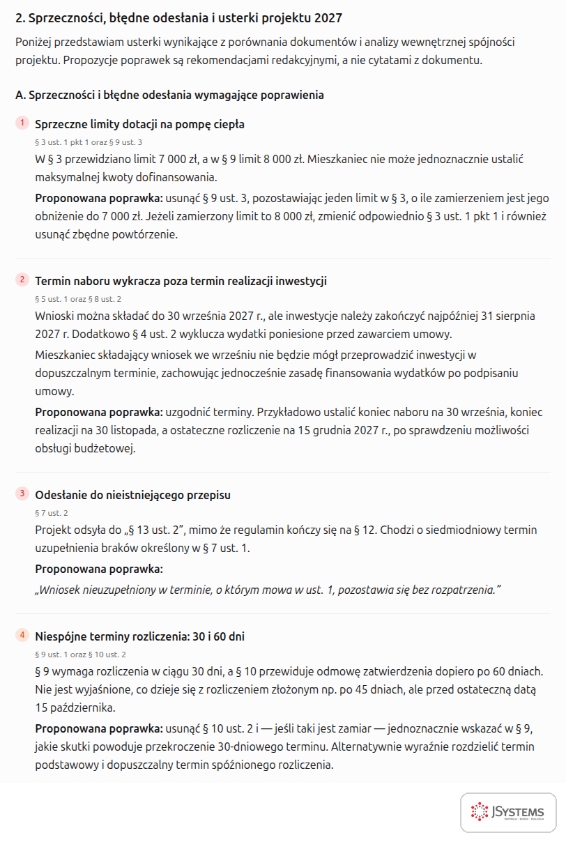 Usterki projektu regulaminu dotacji wskazane przez ChatGPT: sprzeczne limity, terminy i odesłanie do nieistniejącego paragrafu